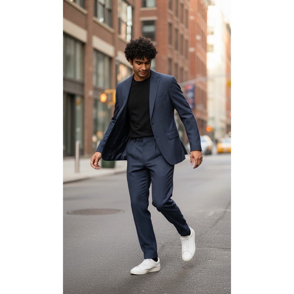 Peter Millar Mens Suit 44T Tall Blue Pinstripe 100% Wool 36x33